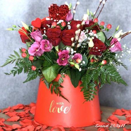 Bouquet et sa boite St Valentin, "Explosion d'Amour rouge" • Grand, Moyen, Petit